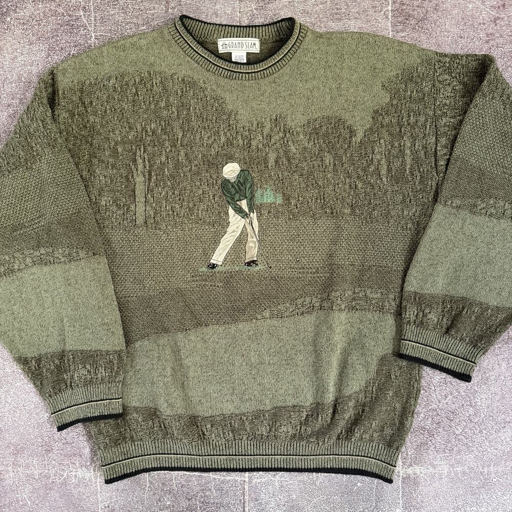 Men's Vintage 90's Grand Slam USA Forest Moss Green Golf Crewneck Sweater Sz L